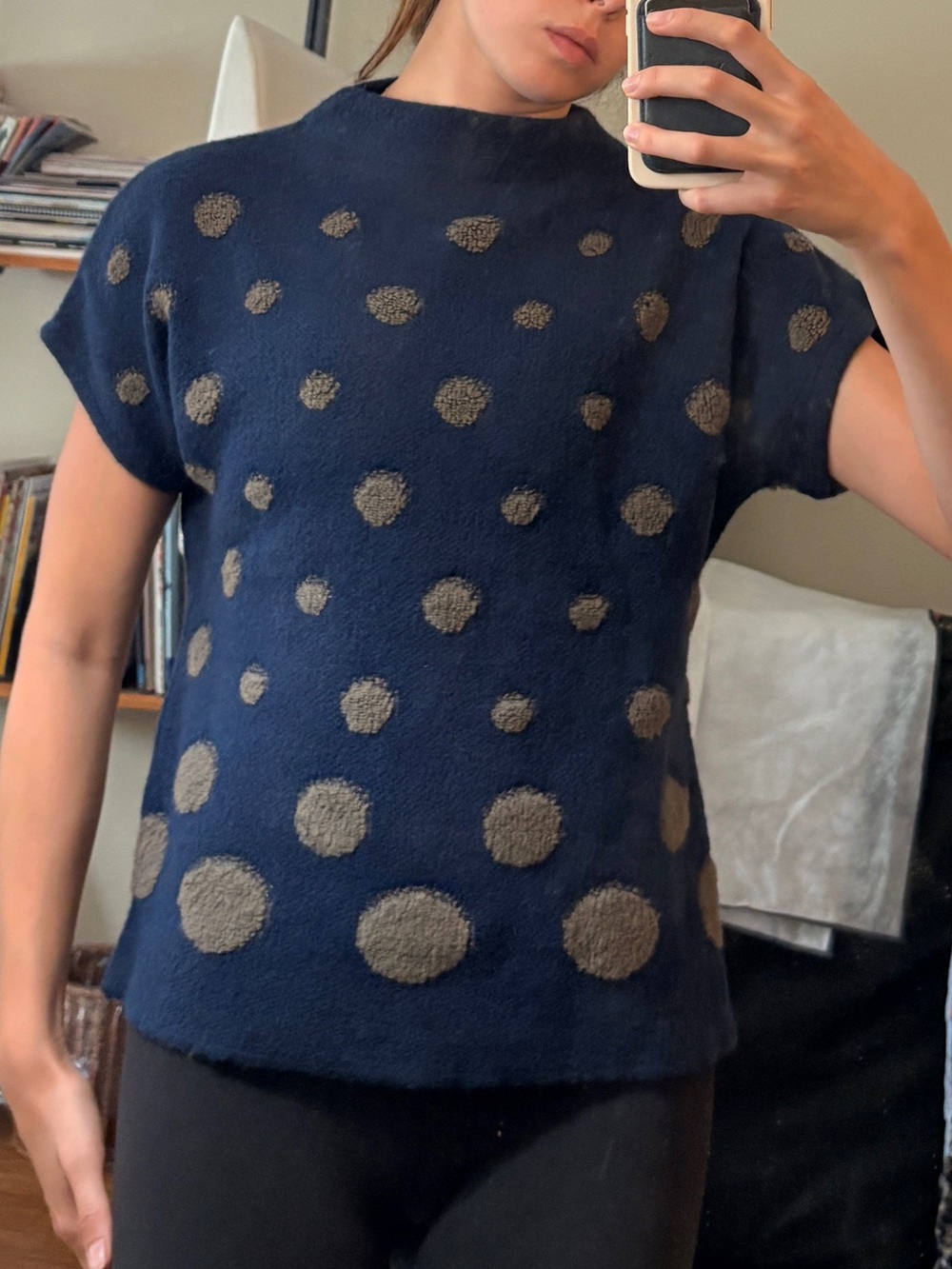 Navy Sweater shirt with grey Polka Dots